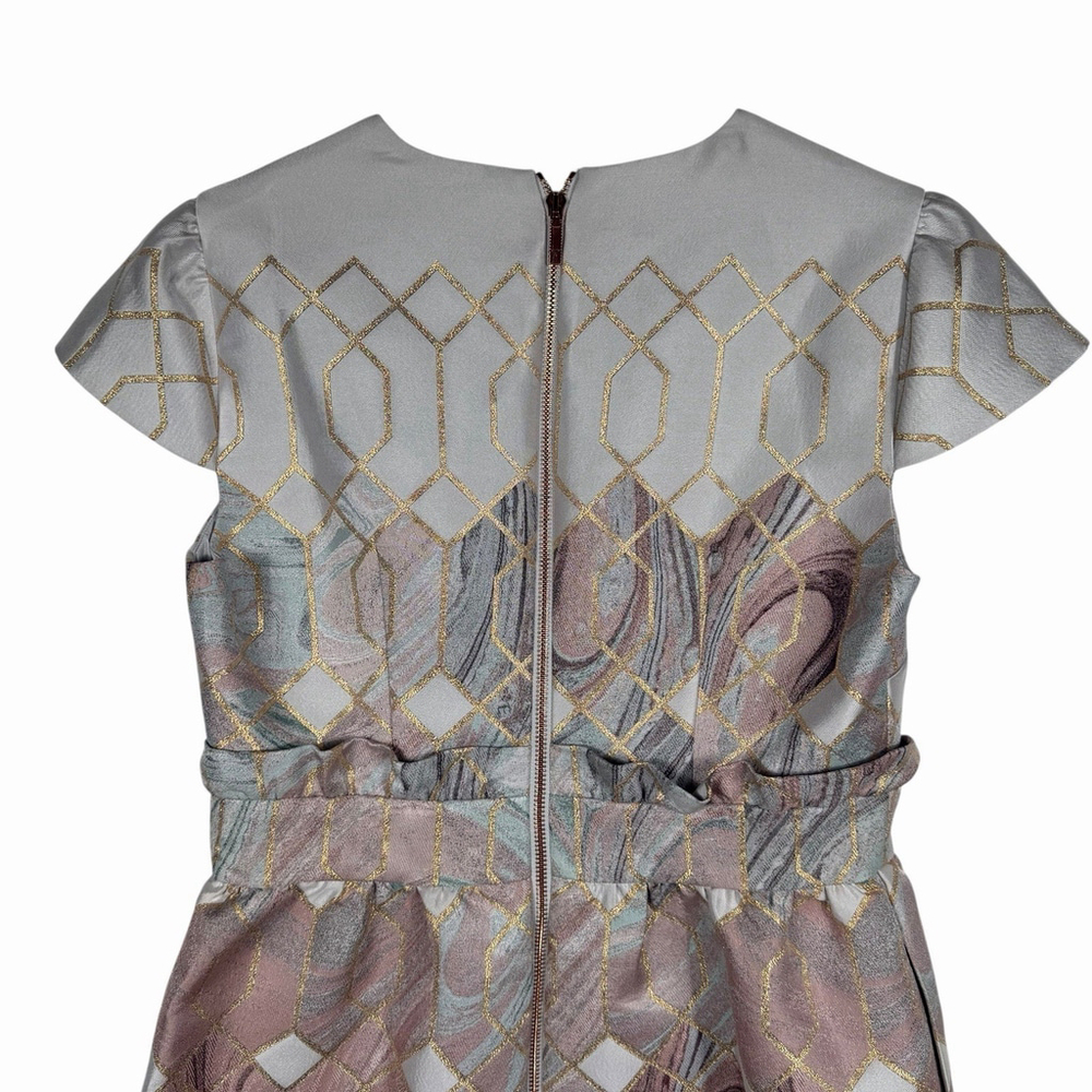Ted Baker London Ingrida Jacquard Dress Mid Pink Gold Grey V-Neck Size 3 - Picture 5 of 9